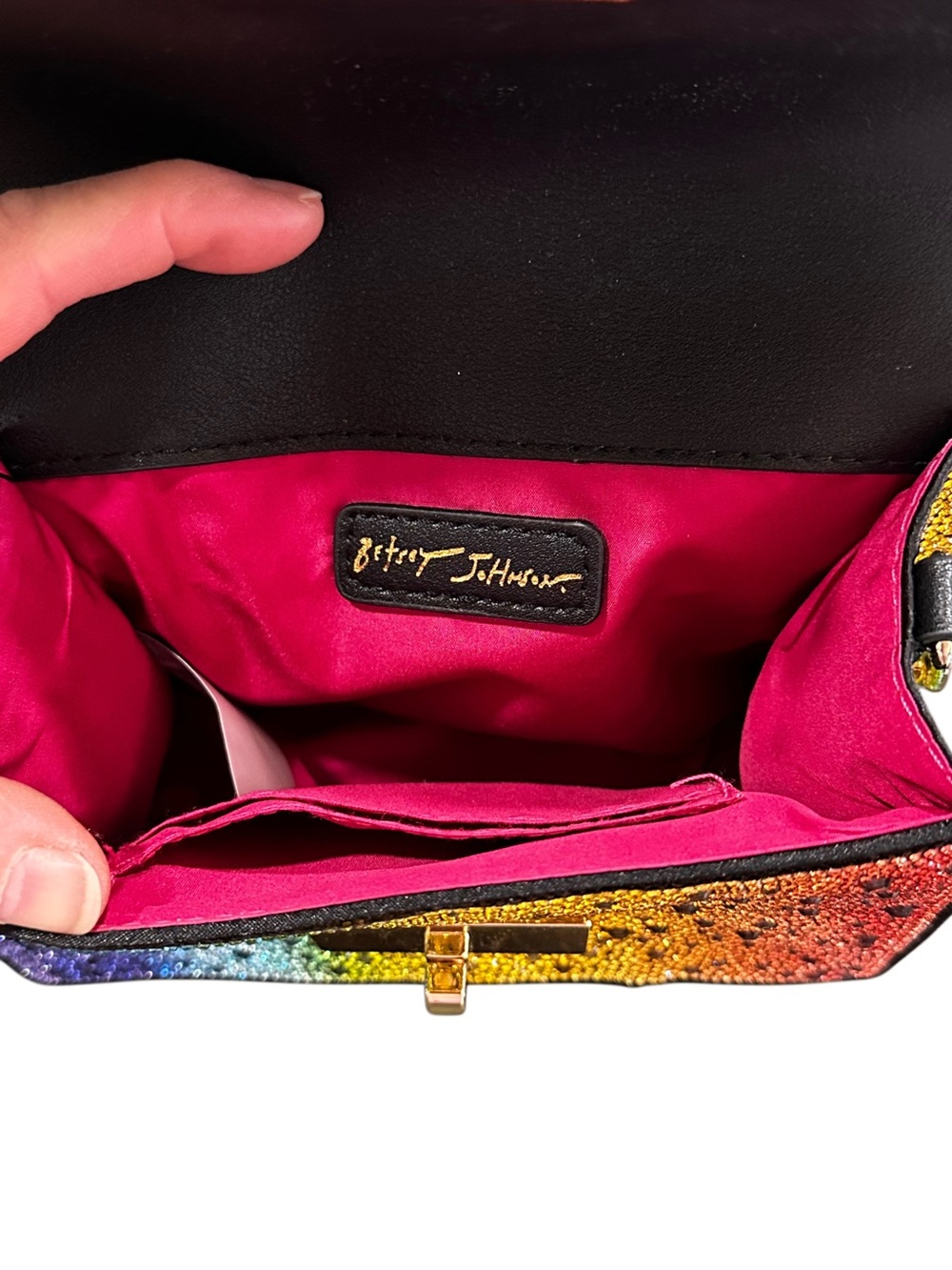 Betsey Johnson Multicolor Rainbow Crystals Crossbody with Gold Chain Strap 7”x5” - Picture 4 of 16
